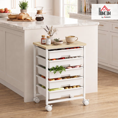 6-Tier Storage Trolley on Wheels with 5 Pull-Out Drawers, White