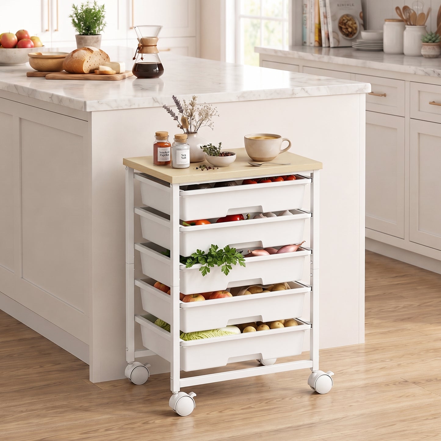 6-Tier Storage Trolley on Wheels with 5 Pull-Out Drawers, White