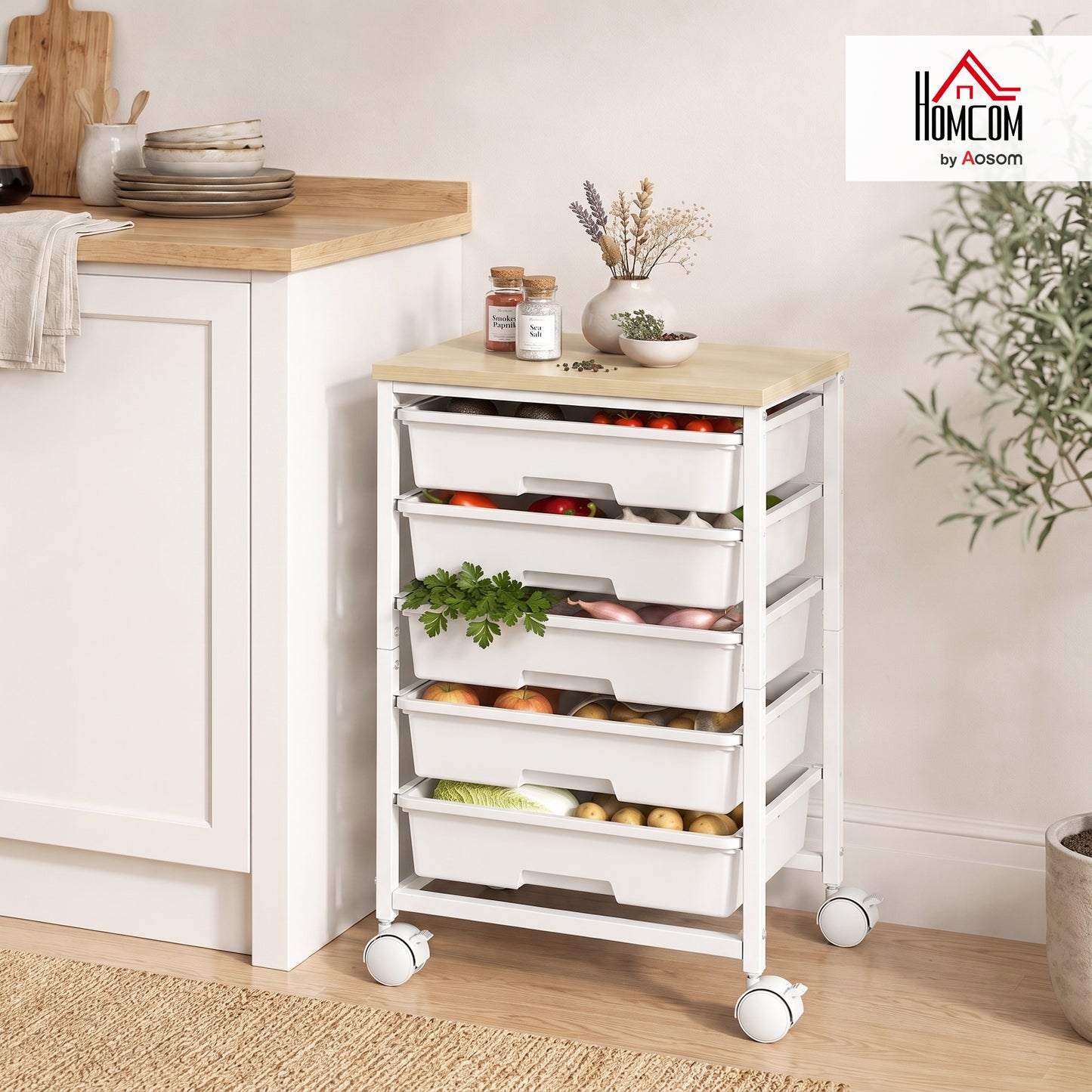 6-Tier Storage Trolley on Wheels with 5 Pull-Out Drawers, White