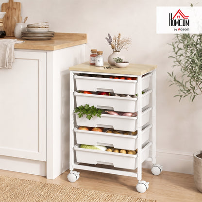 6-Tier Storage Trolley on Wheels with 5 Pull-Out Drawers, White