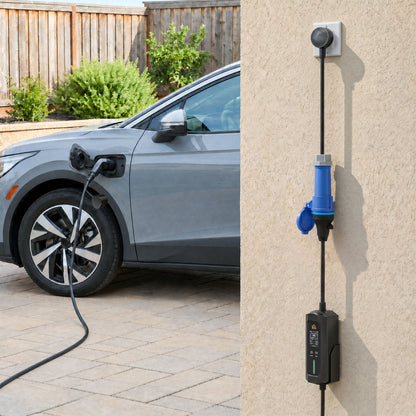 EV Charger 7kW Type 2 to Blue CEE 32A Plug with UK 3 Pin Adapter, 10m, 6/8/10/16/20/24/32A, 1-12h Time Delay/Duration, 1 Phase, IP65 Portable Electric Car Charger with Carry Bag for EVs, PHEVs