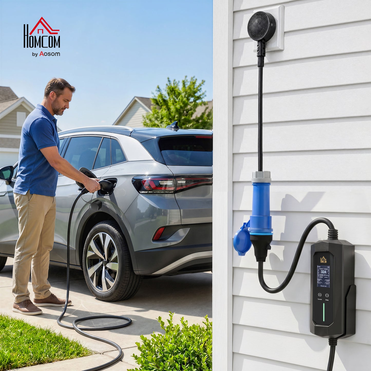 EV Charger 7kW Type 2 to Blue CEE 32A Plug with UK 3 Pin Adapter, 10m, 6/8/10/16/20/24/32A, 1-12h Time Delay/Duration, 1 Phase, IP65 Portable Electric Car Charger with Carry Bag for EVs, PHEVs