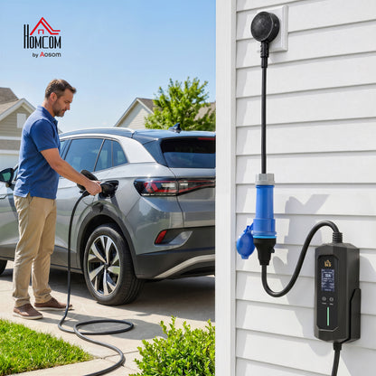 EV Charger 7kW Type 2 to Blue CEE 32A Plug with UK 3 Pin Adapter, 10m, 6/8/10/16/20/24/32A, 1-12h Time Delay/Duration, 1 Phase, IP65 Portable Electric Car Charger with Carry Bag for EVs, PHEVs