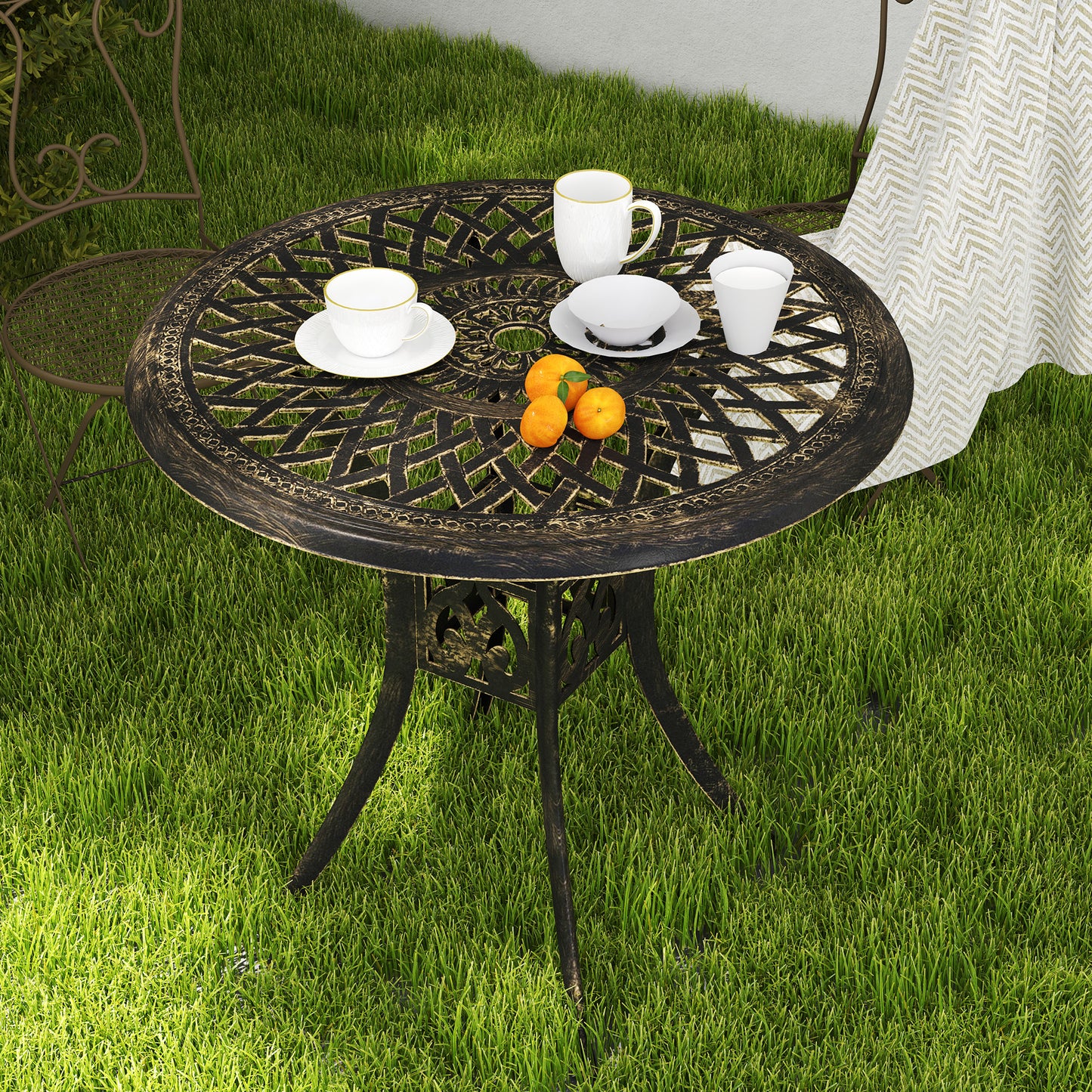 78 cm Round Garden Dining Table with Parasol Hole, Bronze Tone