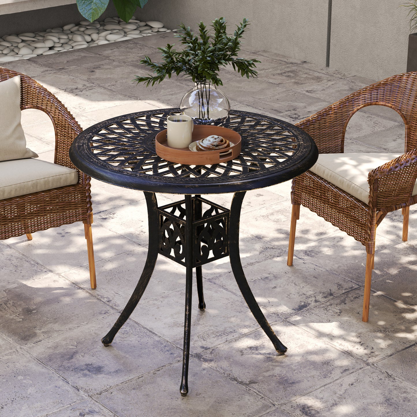 78 cm Round Garden Dining Table with Parasol Hole, Bronze Tone