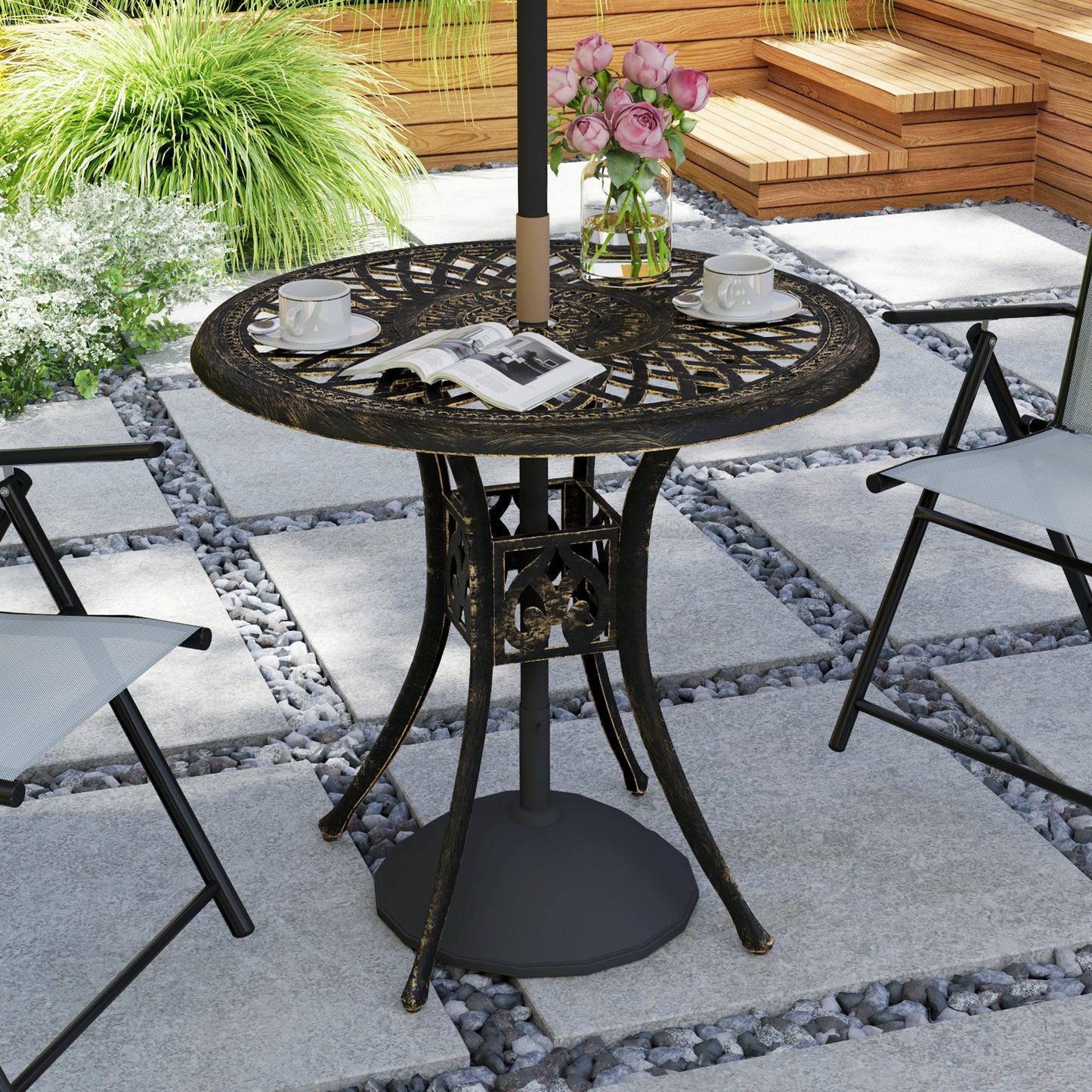78 cm Round Garden Dining Table with Parasol Hole, Bronze Tone