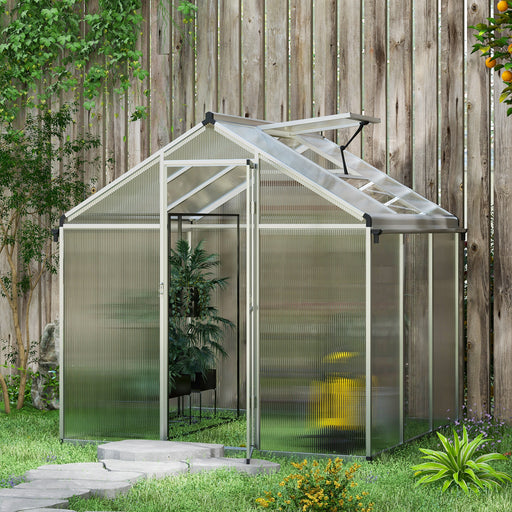 6 x 6ft Polycarbonate Greenhouse with Rain Gutters, Large Walk-In Green House with Window, Garden Plants Grow House with Aluminium