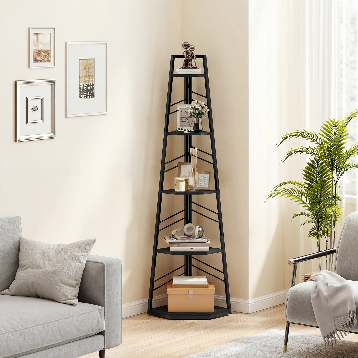 5-Tier Corner Bookcase, Floor Standing Shelving Unit, Black