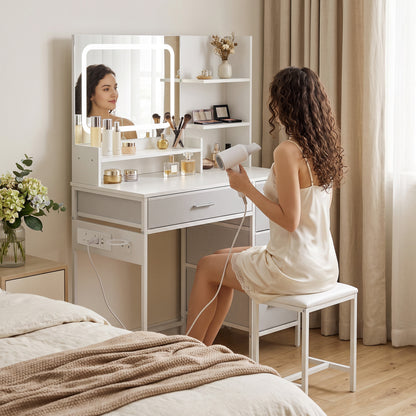 Vanity Dressing Table with 3-Colour LED Mirror and Power Outlet