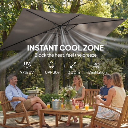 3 x 2 m Garden Parasol Umbrella with Light, Outdoor Patio Umbrella