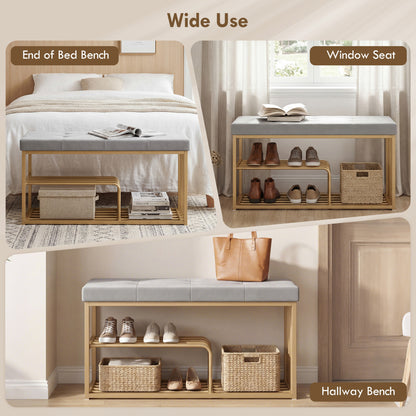 Shoe Storage Bench with Seat Cushion Tufted Shoe Rack Bench Grey