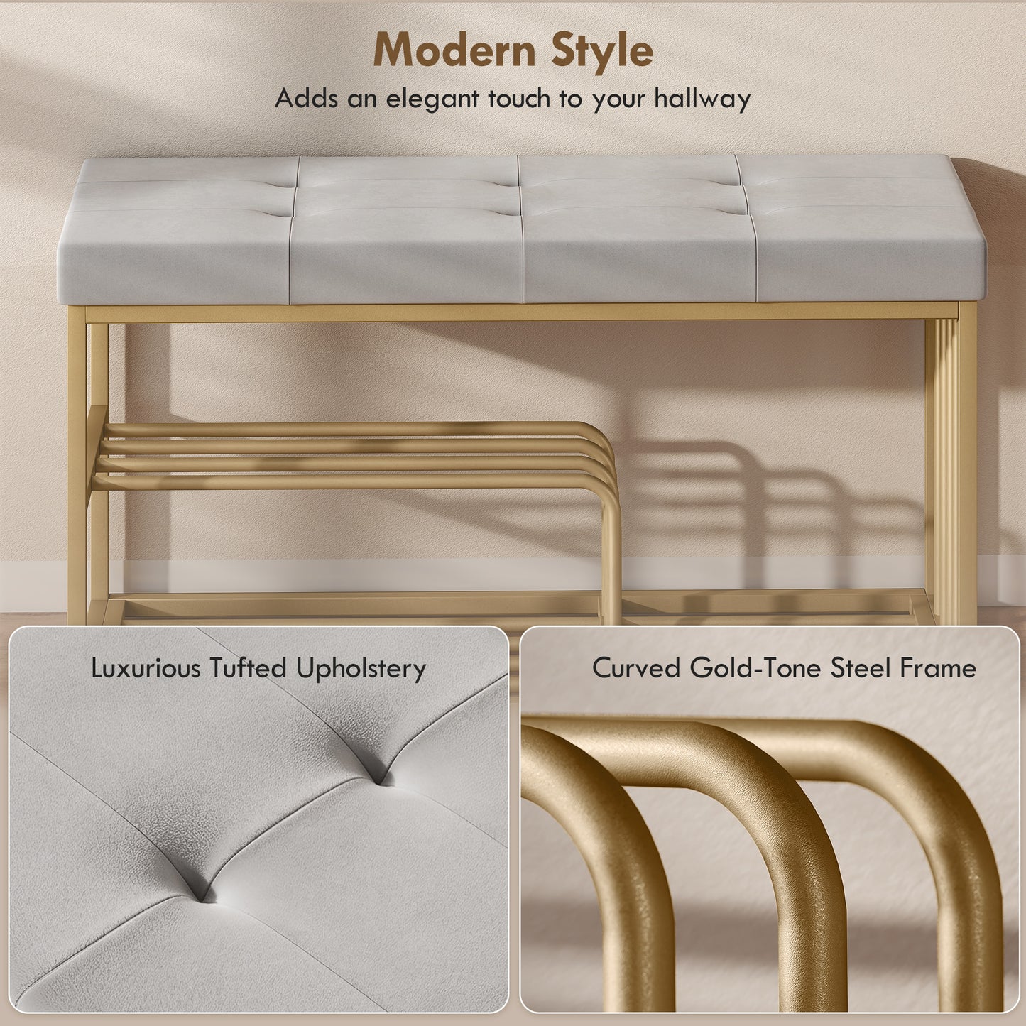 Shoe Storage Bench with Seat Cushion Tufted Shoe Rack Bench Grey