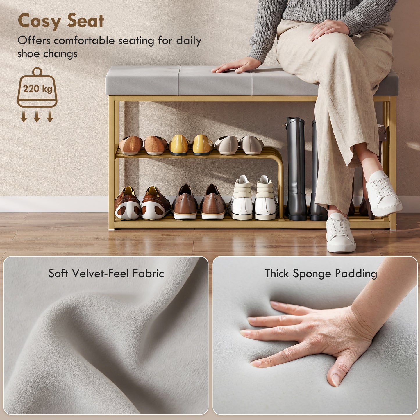 Shoe Storage Bench with Seat Cushion Tufted Shoe Rack Bench Grey