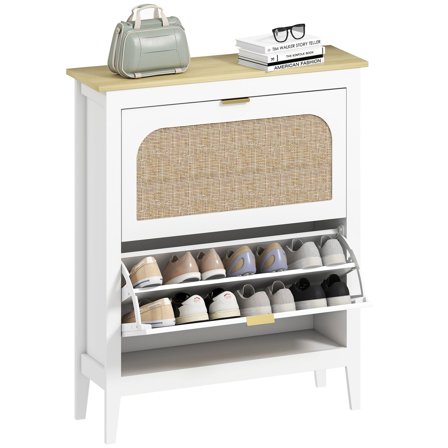 Shoe Storage Cabinet with 2 Flip Drawers, Boho Slim Shoe Cabinet with Rattan Doors for Entryway, Hallway, Holds 14 Pairs, White