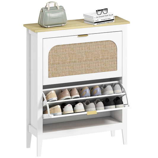 Shoe Storage Cabinet with 2 Flip Drawers, Boho Slim Shoe Cabinet with Rattan Doors for Entryway, Hallway, Holds 14 Pairs, White