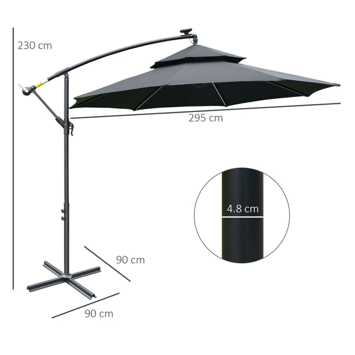 3(m) Cantilever Banana Parasol Hanging Umbrella with Double Roof, LED Solar lights, Crank, 8 Sturdy Ribs and Cross Base, Black