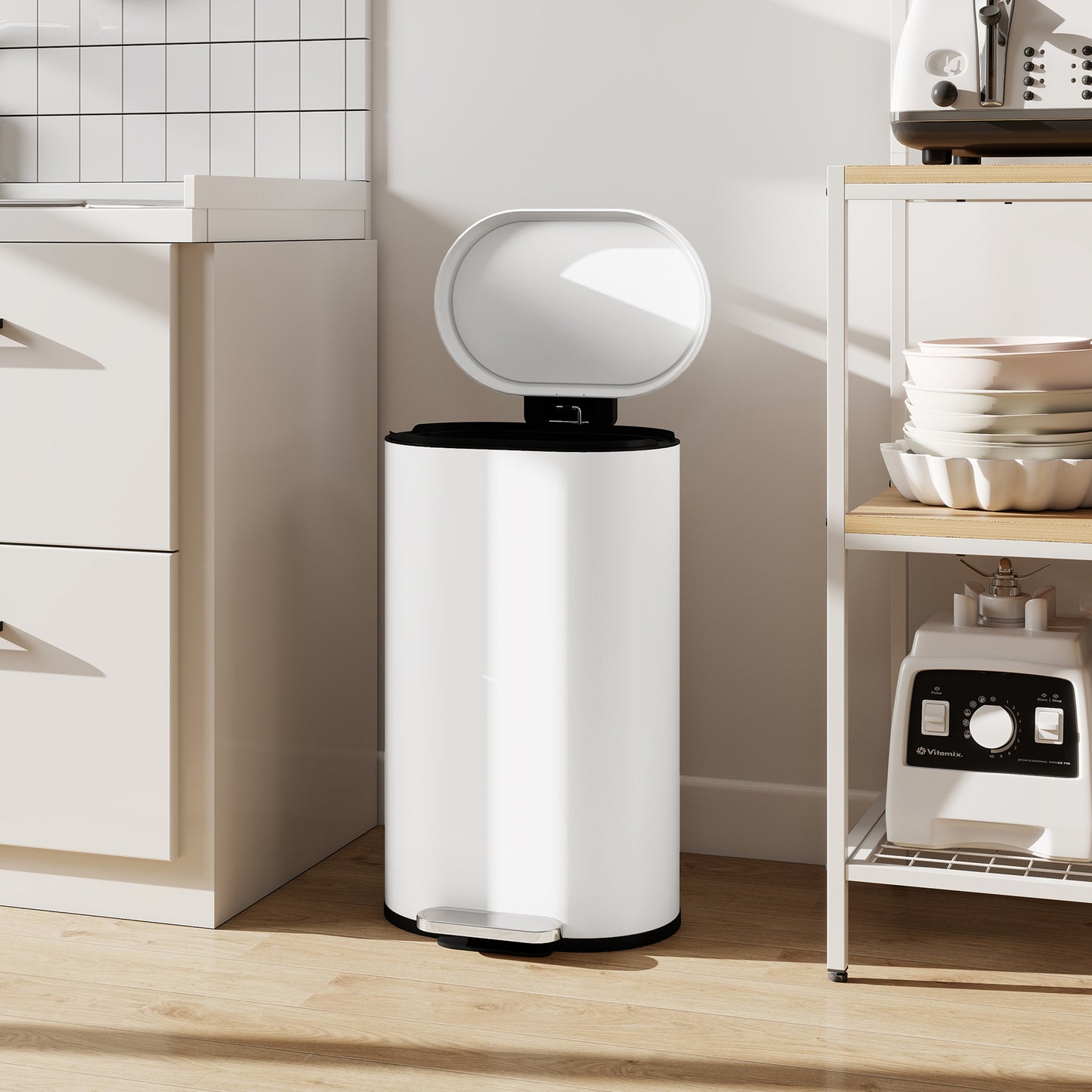 Slim Rectangular Pedal Bin with Soft-Close Lid, 30L Kitchen Bin Cream