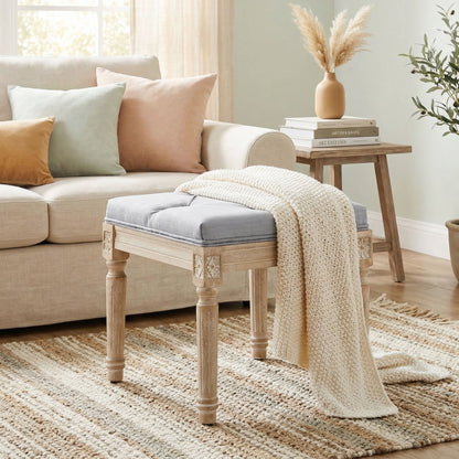 Vintage Foot Stool with Wood Legs, Light Grey