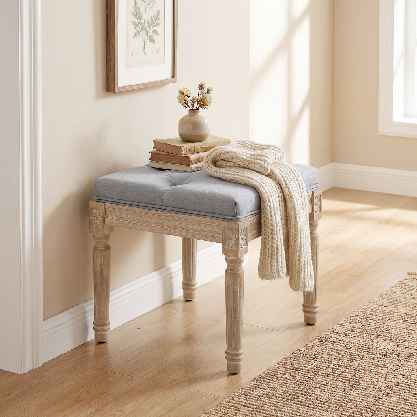 Vintage Foot Stool with Wood Legs, Light Grey