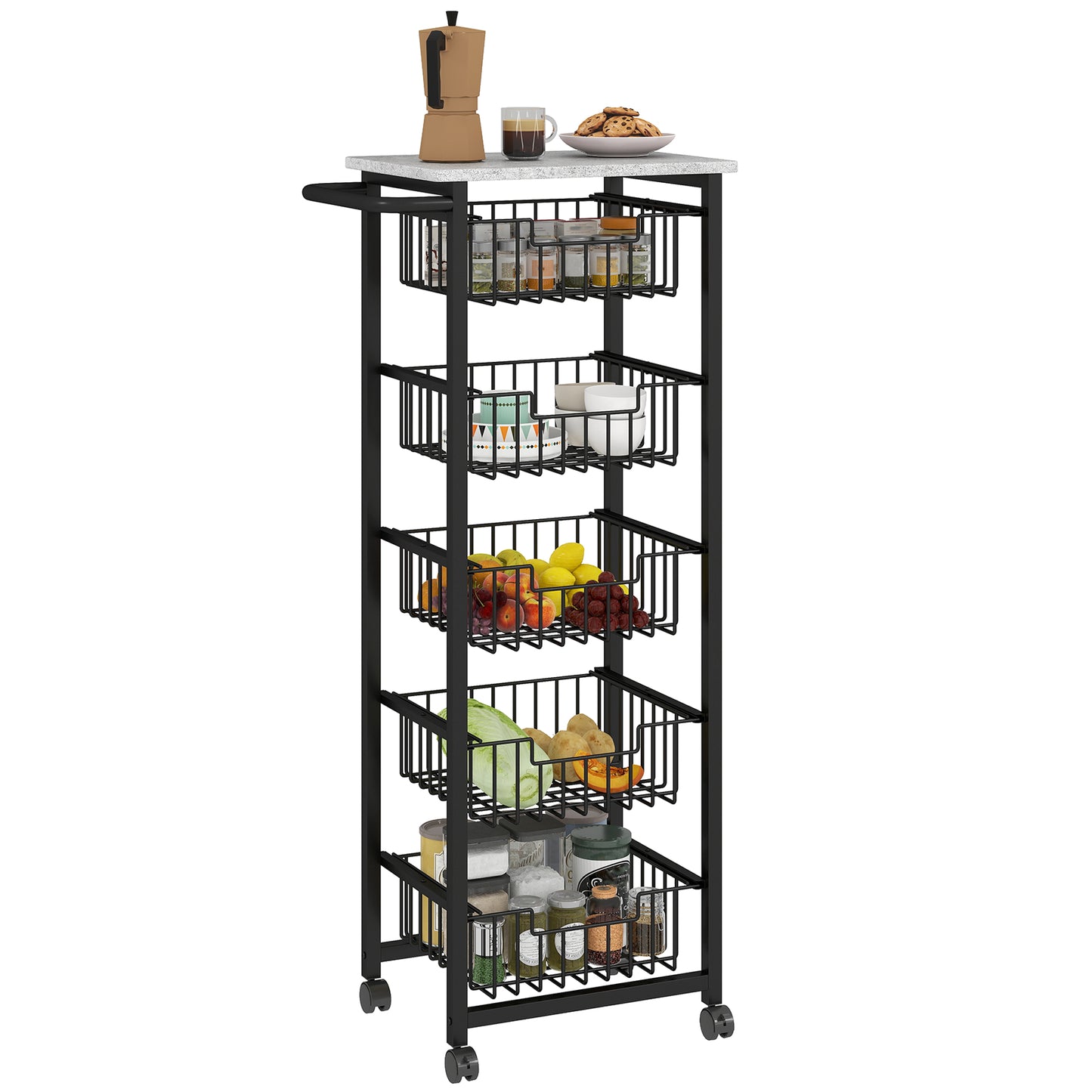 5-Tier Kitchen Island on Wheels with 5 Pull-Out Baskets, Light Grey