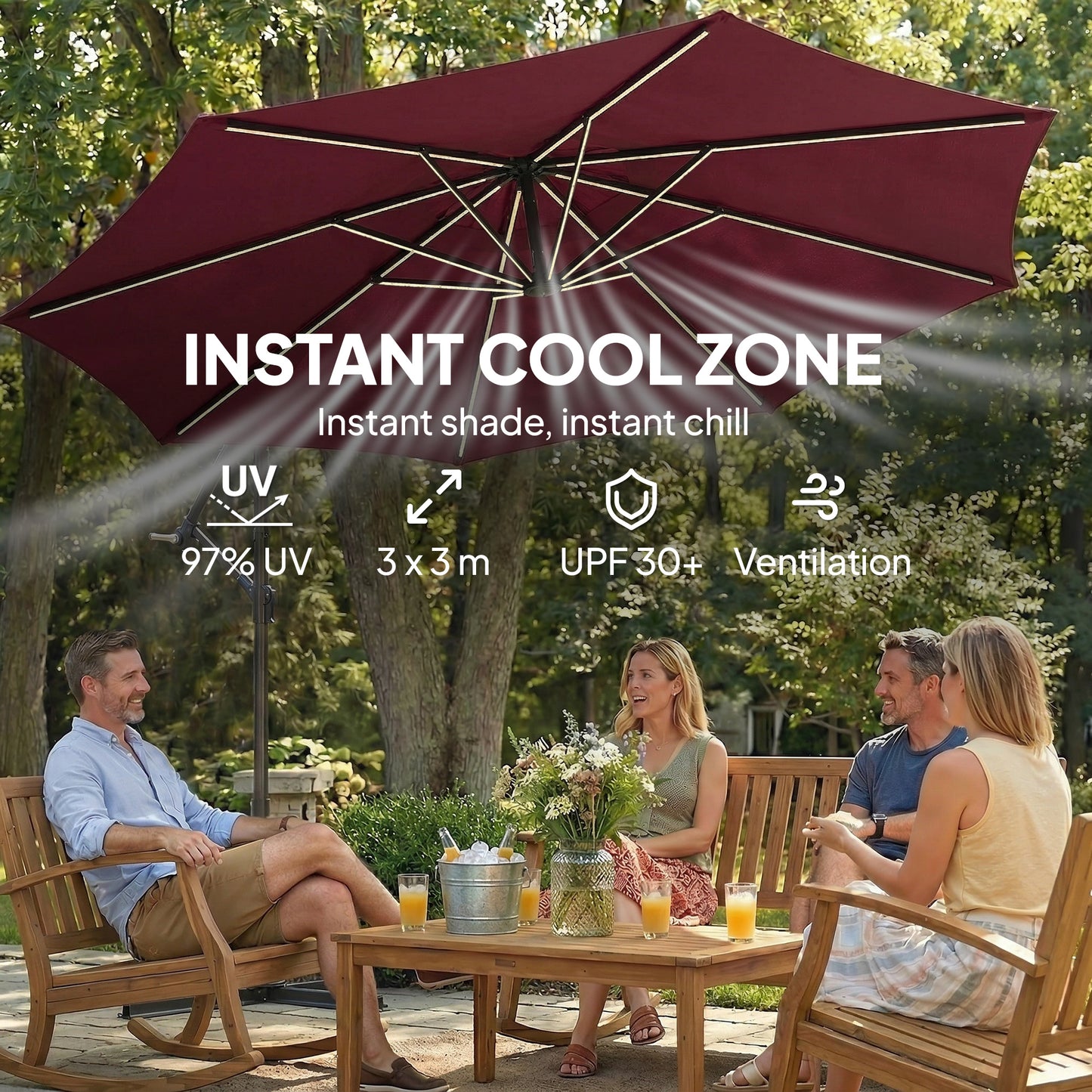 3 m Garden Cantilever Parasol with Solar Light, Rotation, Wine Red
