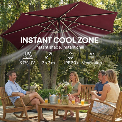 3 m Garden Cantilever Parasol with Solar Light, Rotation, Wine Red