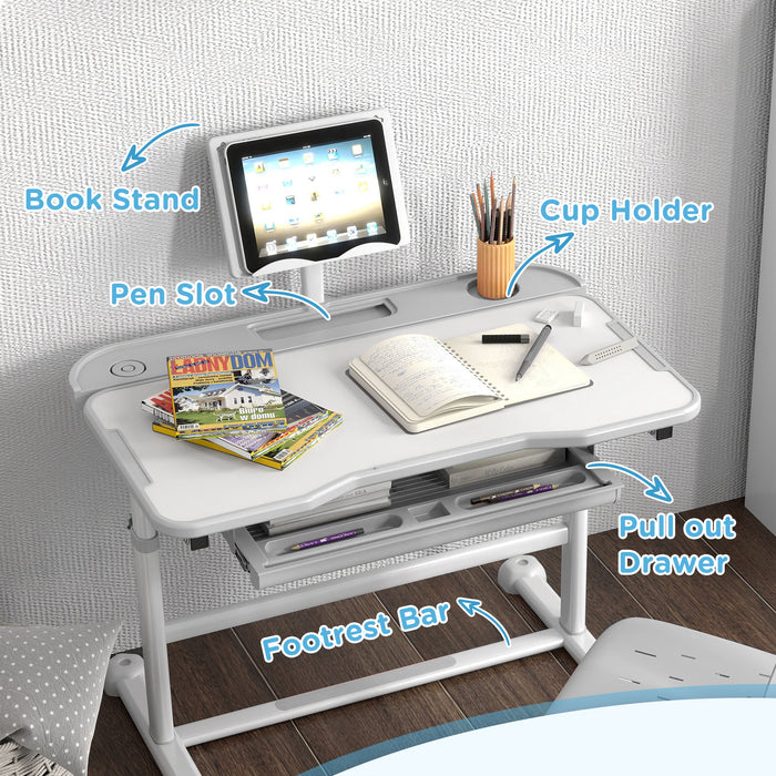 Height Adjustable Kids Desk and Chair Set w/ Tilted Desktop - Grey