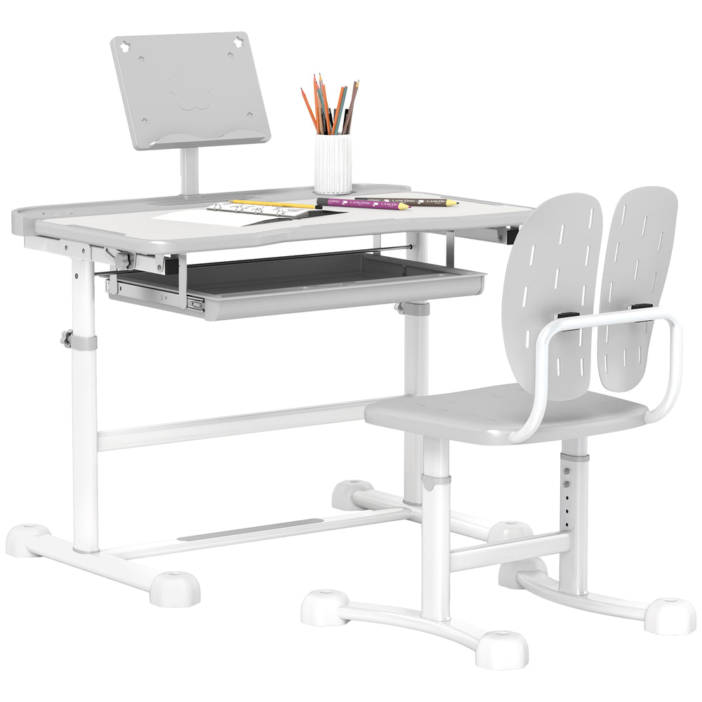 Height Adjustable Kids Desk and Chair Set w/ Tilted Desktop - Grey