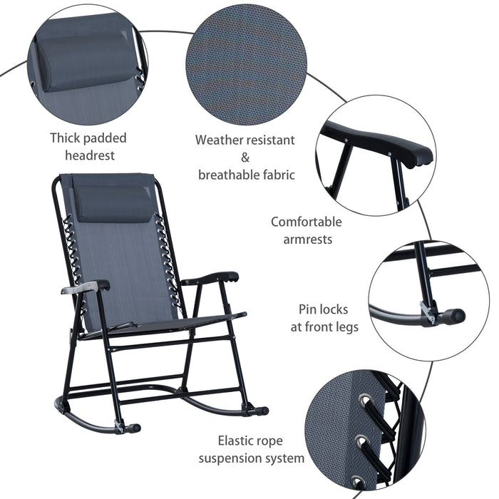 3 Piece Outdoor Rocking Set with 2 Folding Chairs and 1 Tempered Glass Table, Patio Bistro Set for Garden, Deck, Grey