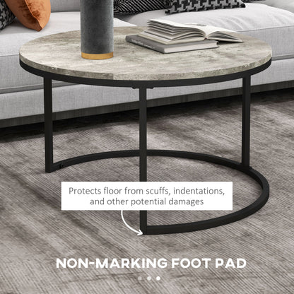 2 Pcs Stacking Coffee Table Set Steel Frame Cement-Effect Top Foot Pads