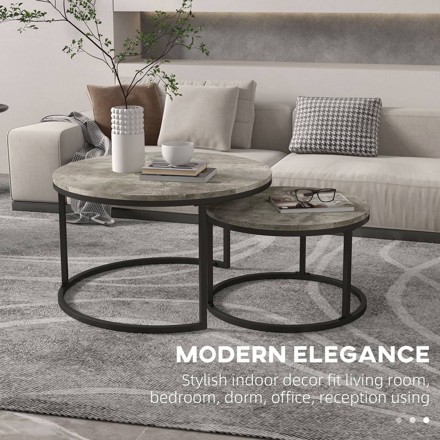 2 Pcs Stacking Coffee Table Set Steel Frame Cement-Effect Top Foot Pads
