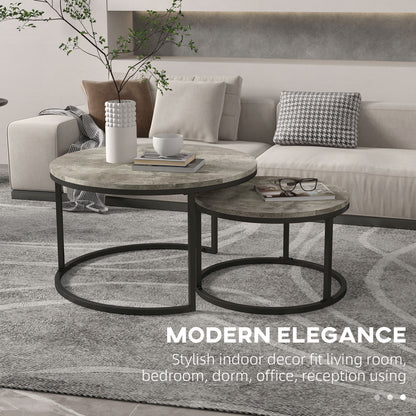 2 Pcs Stacking Coffee Table Set Steel Frame Cement-Effect Top Foot Pads