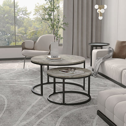 2 Pcs Stacking Coffee Table Set Steel Frame Cement-Effect Top Foot Pads