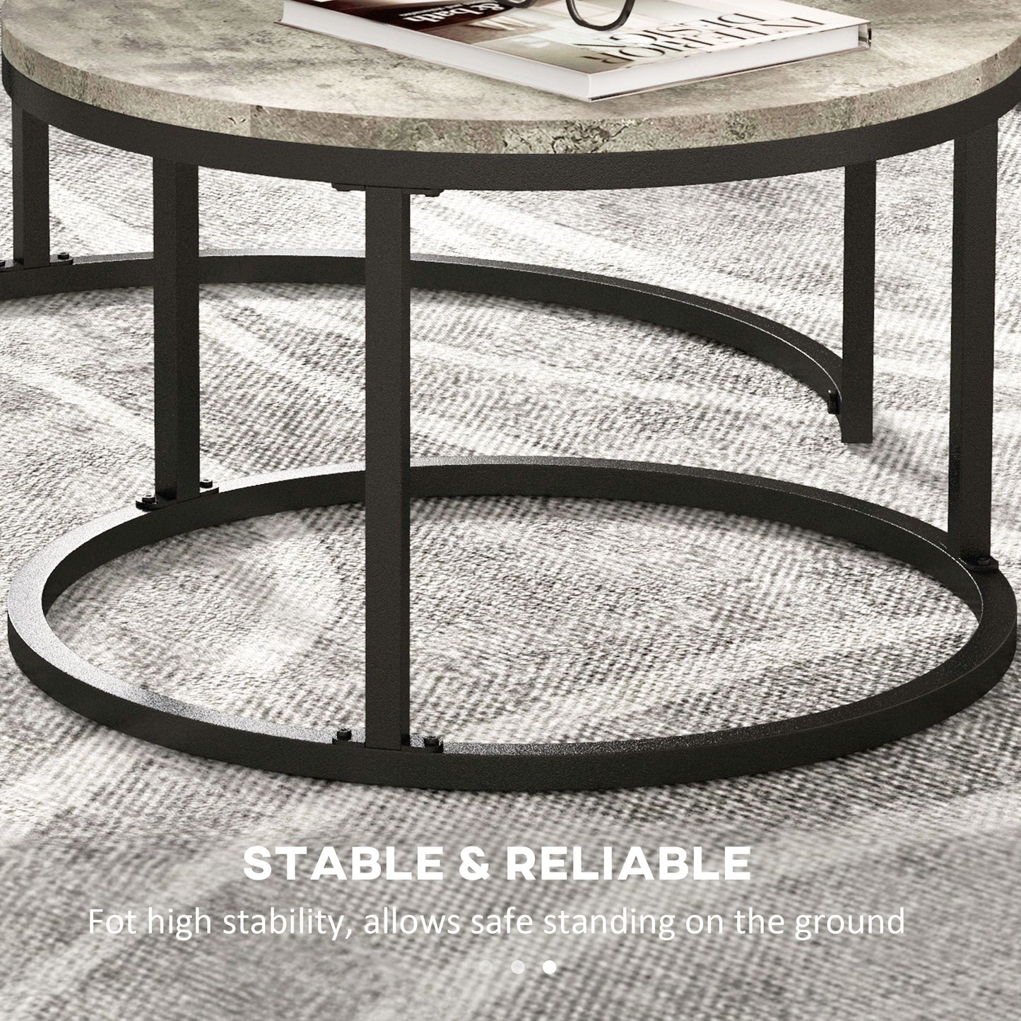 2 Pcs Stacking Coffee Table Set Steel Frame Cement-Effect Top Foot Pads