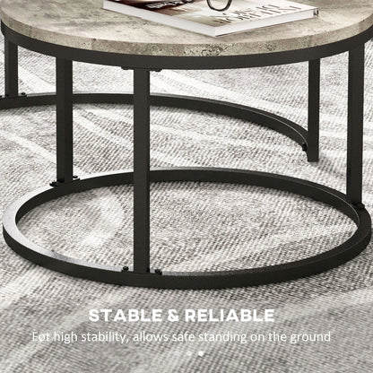 2 Pcs Stacking Coffee Table Set Steel Frame Cement-Effect Top Foot Pads