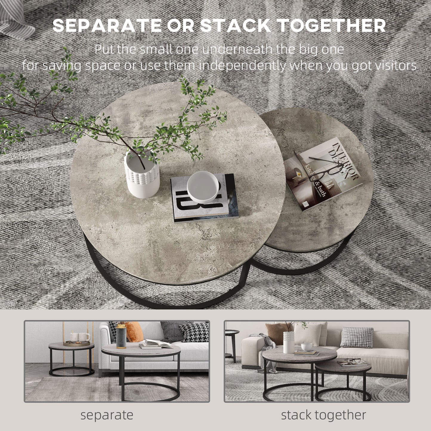 2 Pcs Stacking Coffee Table Set Steel Frame Cement-Effect Top Foot Pads
