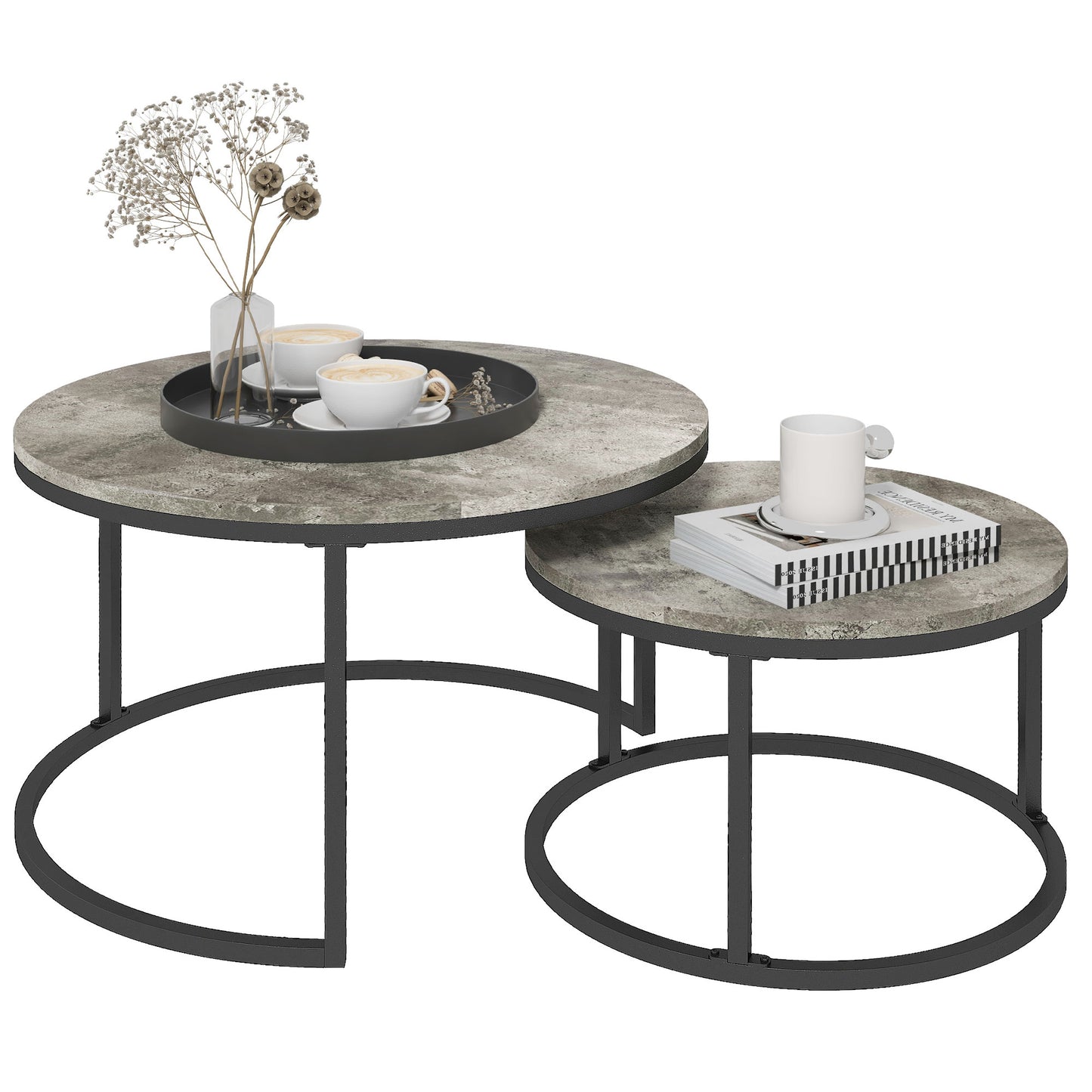 2 Pcs Stacking Coffee Table Set Steel Frame Cement-Effect Top Foot Pads