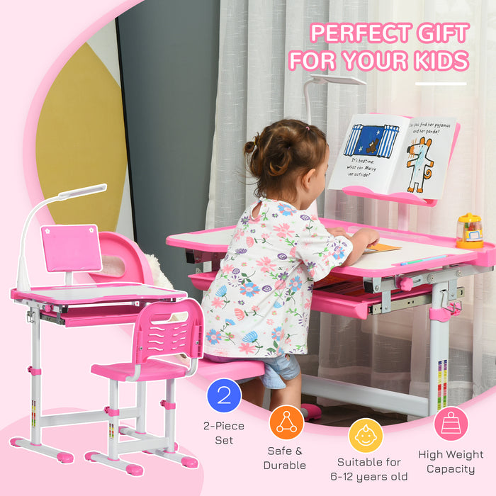 Kids Desk and Chair Set, Height Adjustable Study Desk with USB Lamp, Storage Drawer for Study, Pink and White