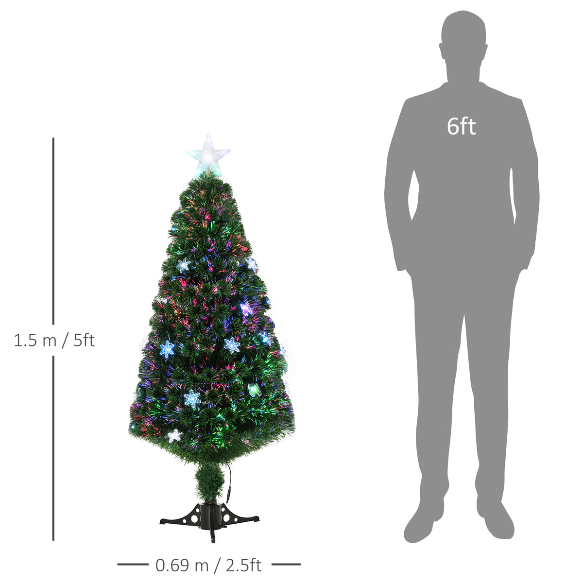 5ft Pre-Lit Fibre Optic Christmas Tree with Multicolour LEDs, Bows & Star