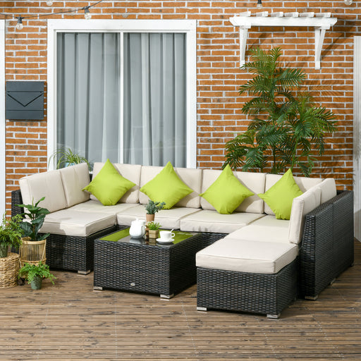 7-Seater PE Rattan Sofa Set Garden Wicker Furniture Set w/ Corner Sofa Set, Cushion, Cushion Cover and Tempered Glass Table, Brown