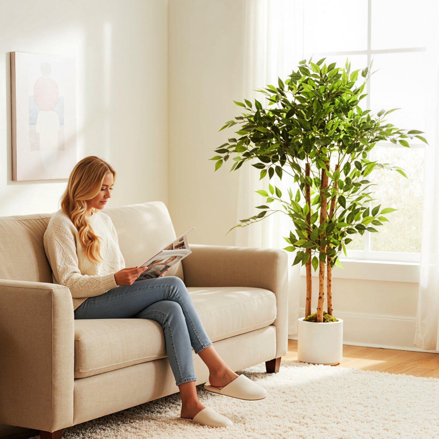 120cm Artificial Ficus Tree, Decorative Artificial Plant with Solid Wood Trunk and Pot for Indoor Living Room Home Office Decor, Green