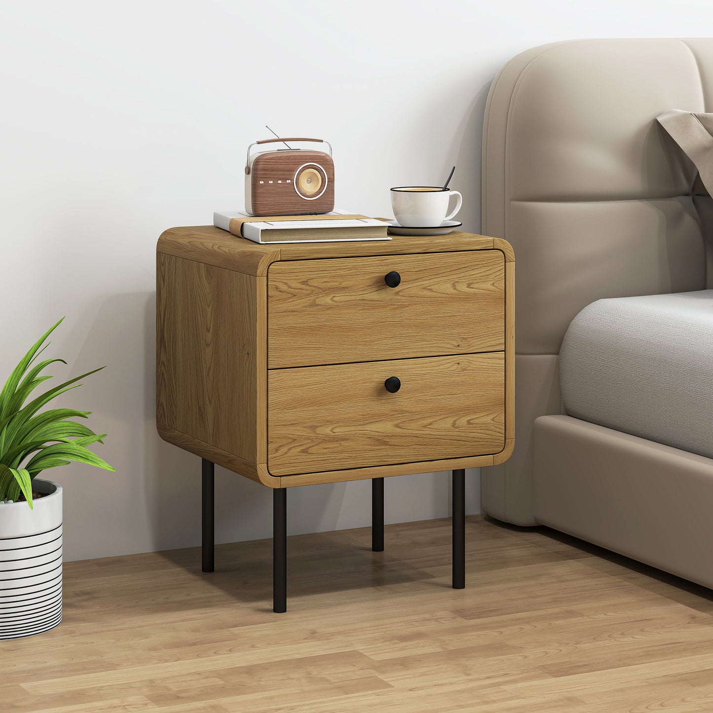 Bedside Table, Modern Nightstand with 2 Drawers Rounded Edges, Oak