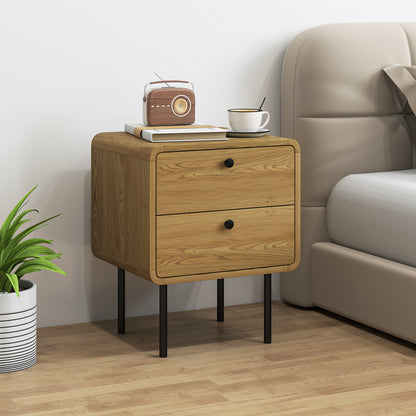 Bedside Table, Modern Nightstand with 2 Drawers Rounded Edges, Oak
