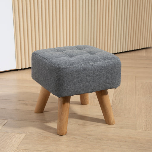 Modern Tufted Footstool, Fabric Foot Stool with Rubber Wood Legs, Padded Seat, for Living Room, Bedroom, Entryway, Grey