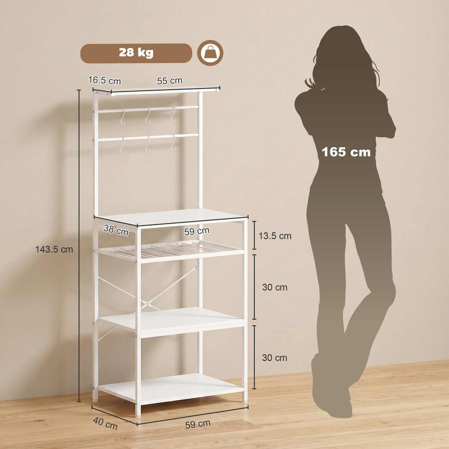 Freestanding Shelving Unit with 6 Hooks and Wine Rack, White