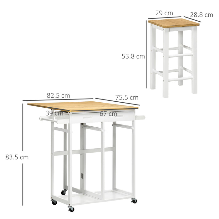 Bamboo Breakfast Cart with Drop Leaf Table and 2 Stools