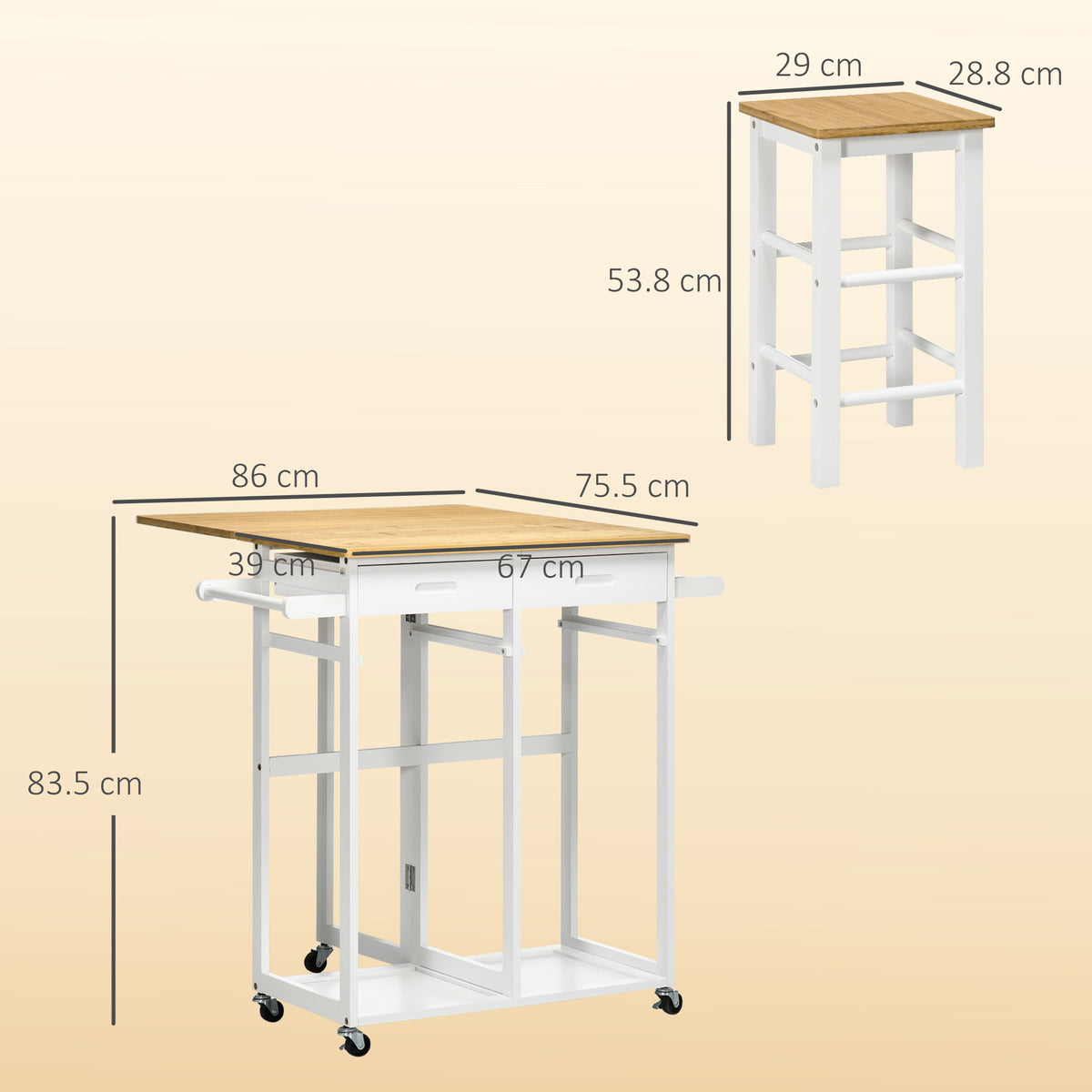 Bamboo Breakfast Cart with Drop Leaf Table and 2 Stools