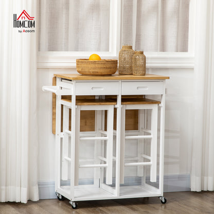Bamboo Breakfast Cart with Drop Leaf Table and 2 Stools