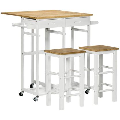 Bamboo Breakfast Cart with Drop Leaf Table and 2 Stools