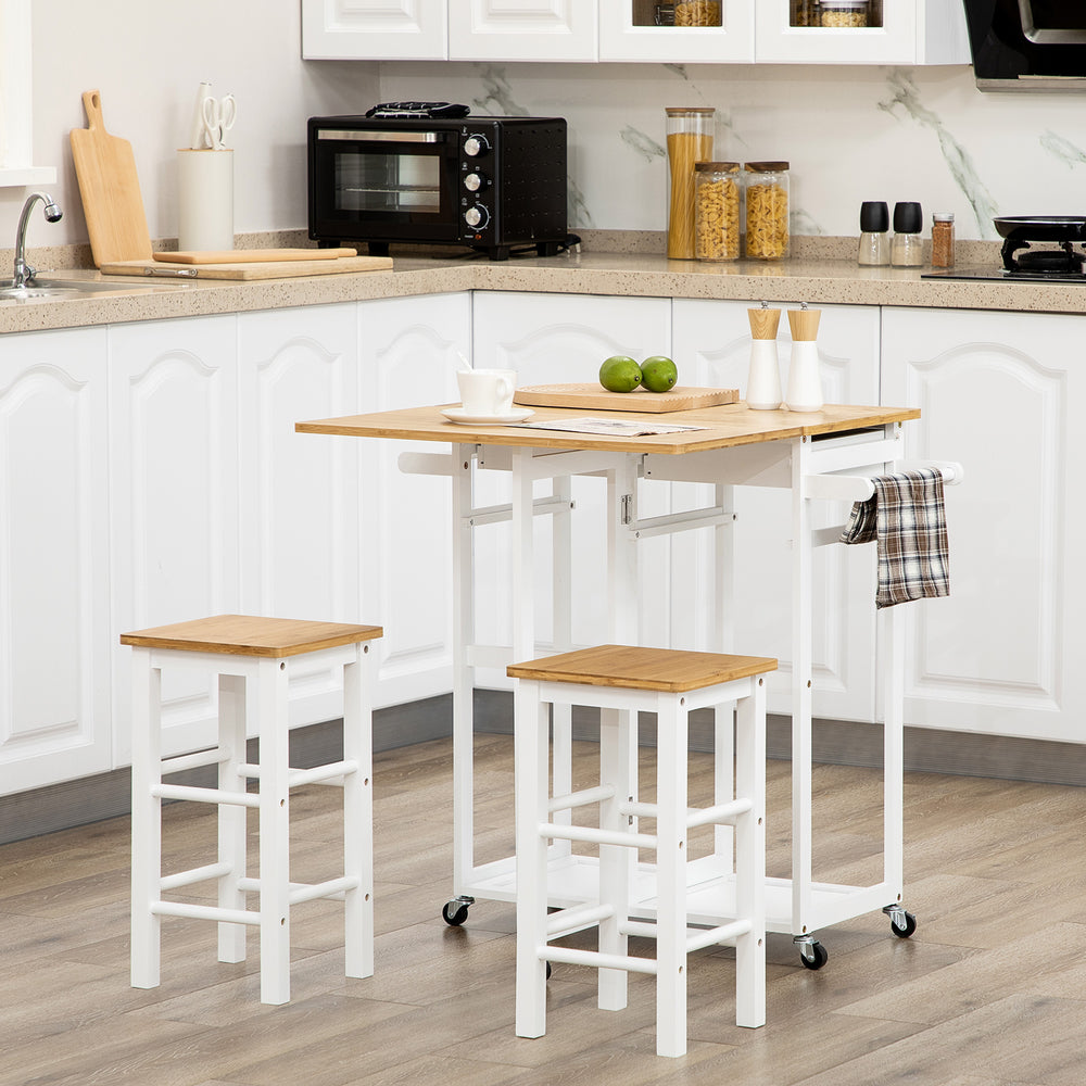 Bamboo Breakfast Cart with Drop Leaf Table and 2 Stools